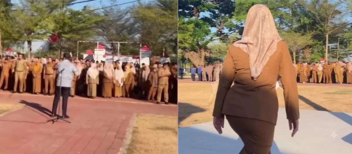 FOTO: Tampak eks Kadishub Gowa (kiri) memasuki lapangan dan bupati Gowa Husniah Talenrang saat menuju mikrofon untuk memberikan arahan di lapangan Kantor Bupati Gowa, Senin, 24/8. (Dok.Instagram@kulitinta/kolase METROSELEBES.com)
