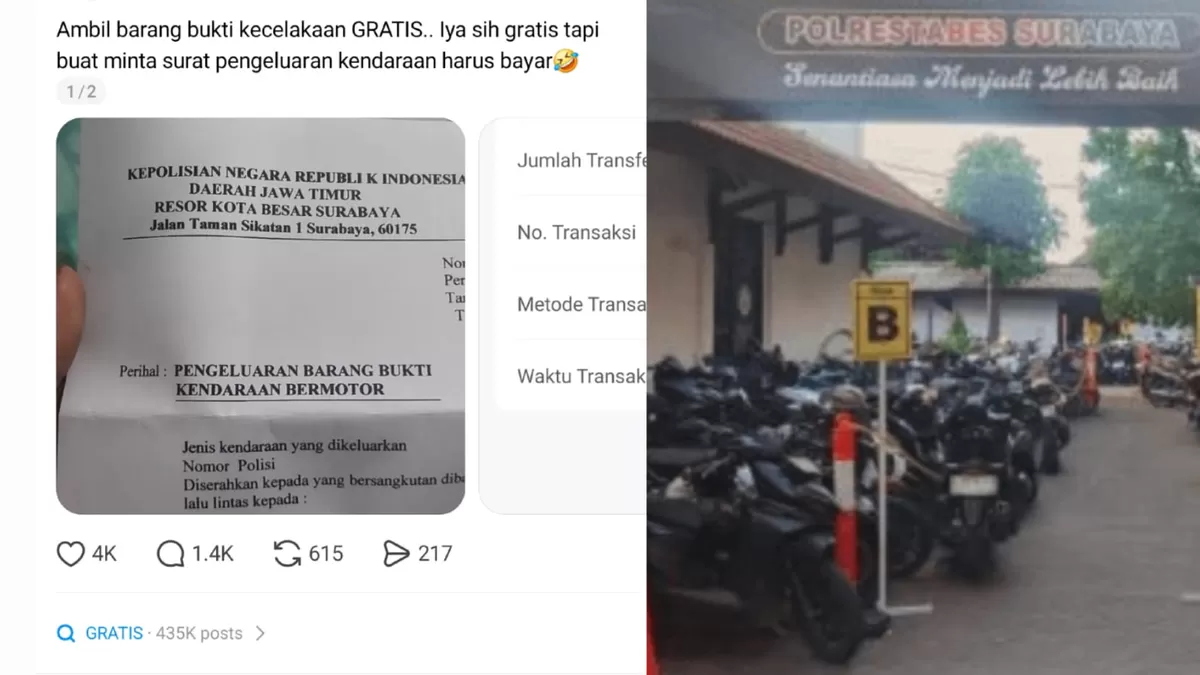 Unggahan viral dugaan pungutan saat akan mengambil kendaraan bukti kecelakaan yang dilakukan oknum Polrestabes Surabaya. (Threads/tasyamarella96 - Dok. Polrestabes Surabaya)