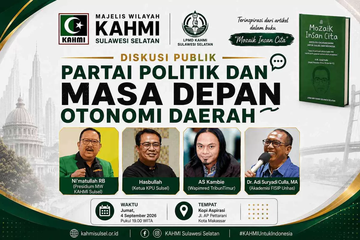 KAHMI Sulsel menggelar diskusi publik tentang peran partai politik, demokrasi lokal, dan masa depan otonomi daerah pada 4 September 2026. (Dok.KAHMI Sulsel)