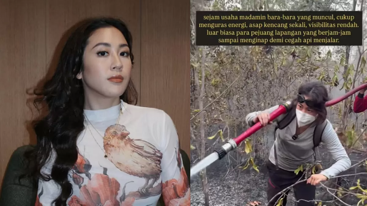 Artis Sherina Munaf saat ikut langsung membantu memadamkan karhutla di Kalimantan Tengah. (Instagram/sherinamunaf)