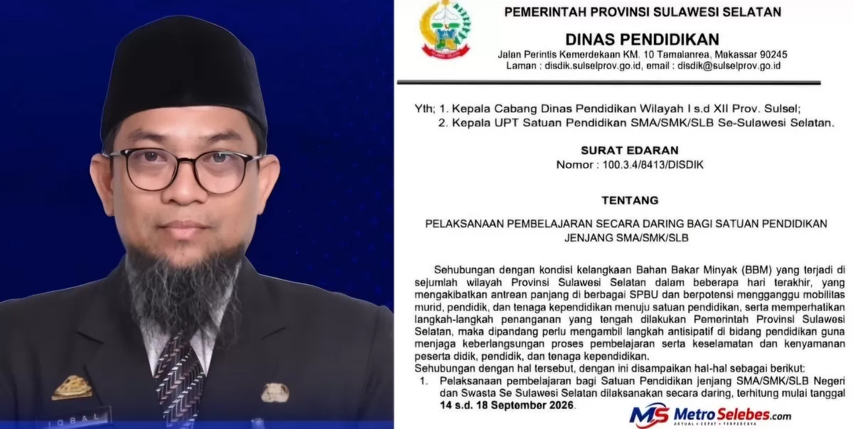 FOTO: Tampak Kadisdik Sulsel, Drs. H.A. Nadjamuddin Iqbal (kiri) dan SE (kanan). Disdik Sulsel menerapkan sekolah daring bagi SMA, SMK, dan SLB pada 14&ndash;18 September 2026 imbas krisis energi dan antrean BBM. (Dok. Instagram@Disdik Sulsel)