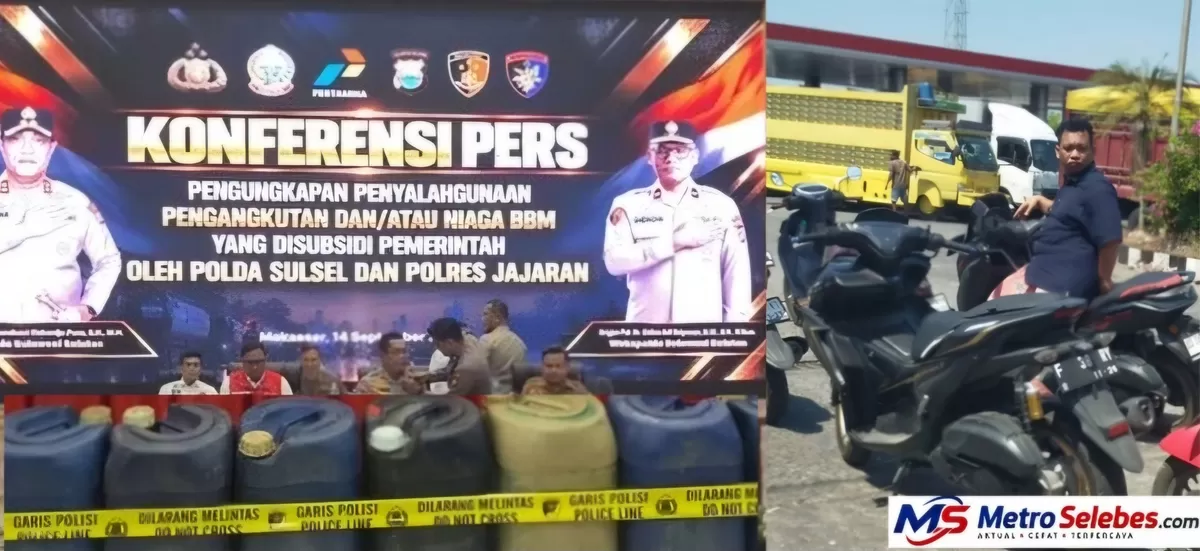Menyoroti Polda Sulsel mengungkap 10 kasus penyalahgunaan BBM bersubsidi dengan 17 tersangka di tengah polemik antrean SPBU di Sulsel. (Dok.Polda Sulsel/METROSELEBES.com/Udin)