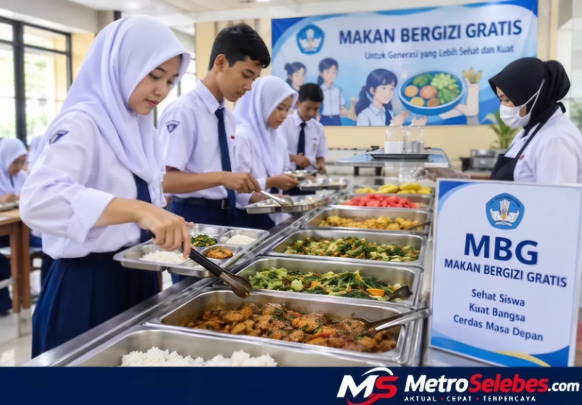 Ilustrasi siswa menikmati Makan Bergizi Gratis dengan sistem prasmanan di sekolah. Penerapannya harus memenuhi persyaratan BGN dan tetap memperhatikan standar porsi serta kebutuhan gizi siswa. (Dok.Metroselebes.com/Ilustrasi)