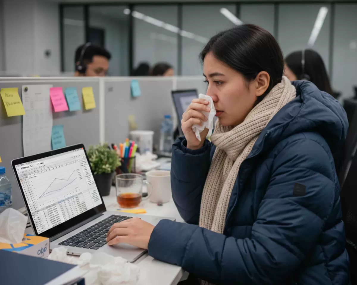 Ketika ada rekan kerja yang sakit namun tetap masuk kantor, jangan sepelekan karena bisa timbulkan ilusi produktivitas. (Pejuangkantoran.com/Made with Google AI)
