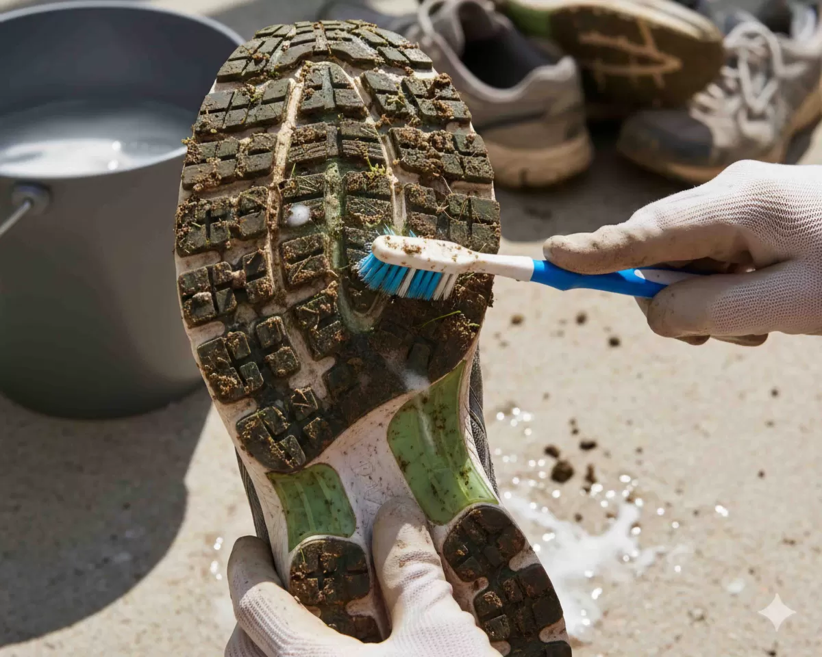 Membersihkan bagian outsole dengan sikat gigi bekas adalah salah satu cara yang benar dalam mencuci sepatu lari yang kotor. (Pejuangkantoran.com/Made with Google AI)