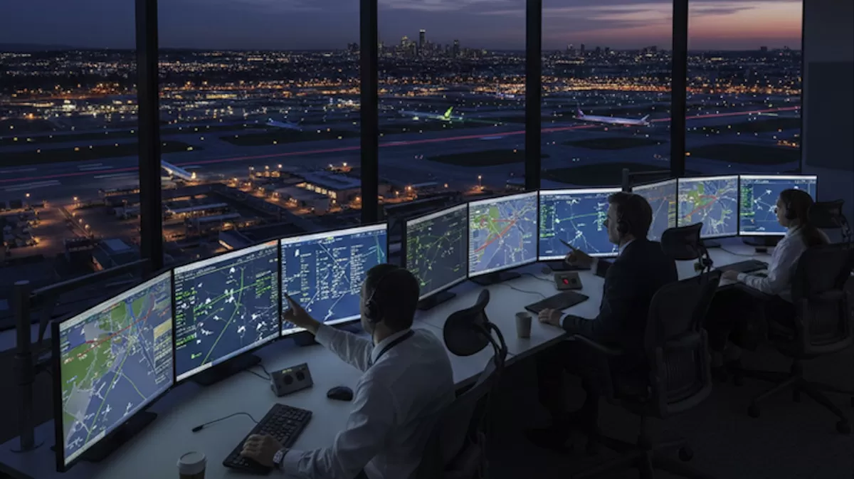 Ilustrasi suasana di sebuah menara air traffic control (ATC) di sebuah bandara. (Pejuangkantoran.com/Made with Google AI)