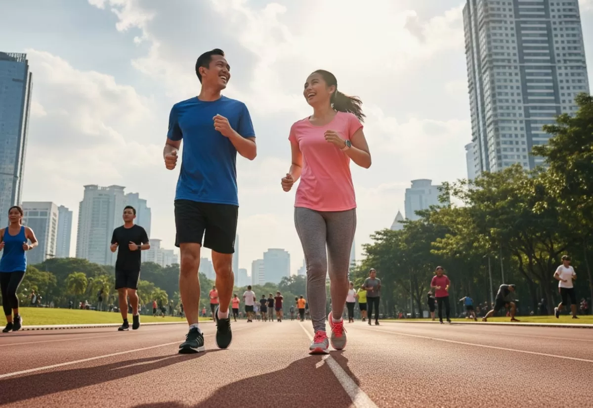 Menjadi weekend runner tetap seru dan asyik dengan memperhatikan 8 hal yang bisa membuatmu tetap aman dan sehat dalam berlari. (Pejuangkantoran.com/Made with Google AI)