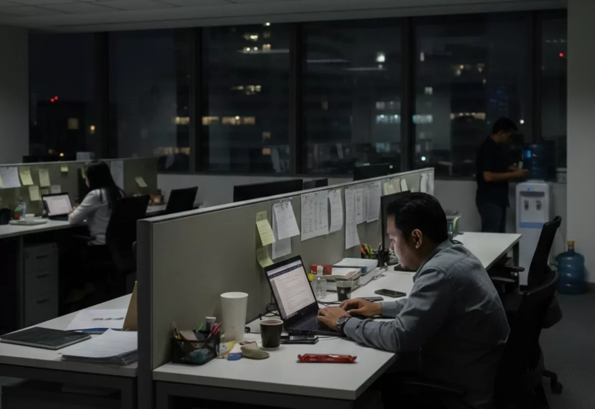 Durasi jam kerja yang panjang tidak lalu menjadikan pekerja menjadi lebih produktif. (Pejuangkantoran.com/Made with Google AI)
