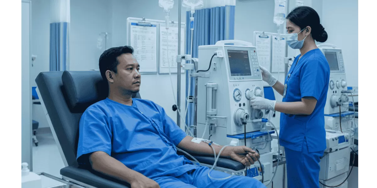 Ilustrasi: proses hemodialisis. Fungsi ginjal sangat penting bagi tubuh kita, jaga dan sayangi ginjal kita. (Pejuangkantoran.com/Made with Google AI)