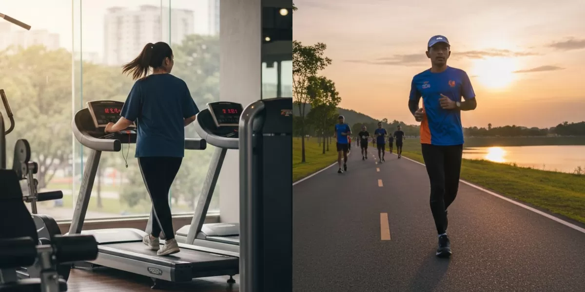 Ada sejumlah perbedaan dan keunggulan latihan lari di treadmill dan outdoor. (Pejuangkantoran.com/Made with Google AI)