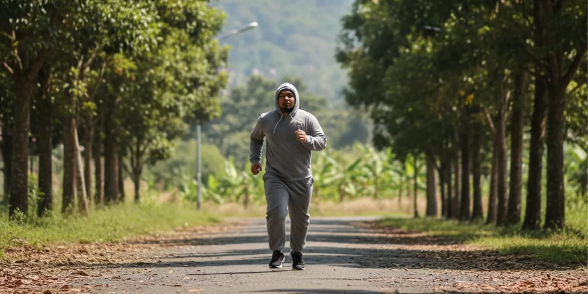 Maunya berat badan turun dengan memakai sweat suit, namun ternyata banyak kesalahan dalam pemakaiannya. (Pejuangkantoran.com/Made with Google AI)