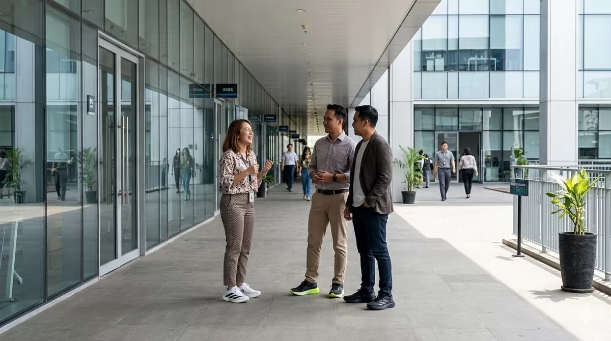 Mengenakan sepatu lari buat kerja kantoran? Sah-sah saja, namun perhatikan sejumlah hal tertentu agar performa larimu tidak merugi. (Pejuangkantoran.com/Made with Google AI)