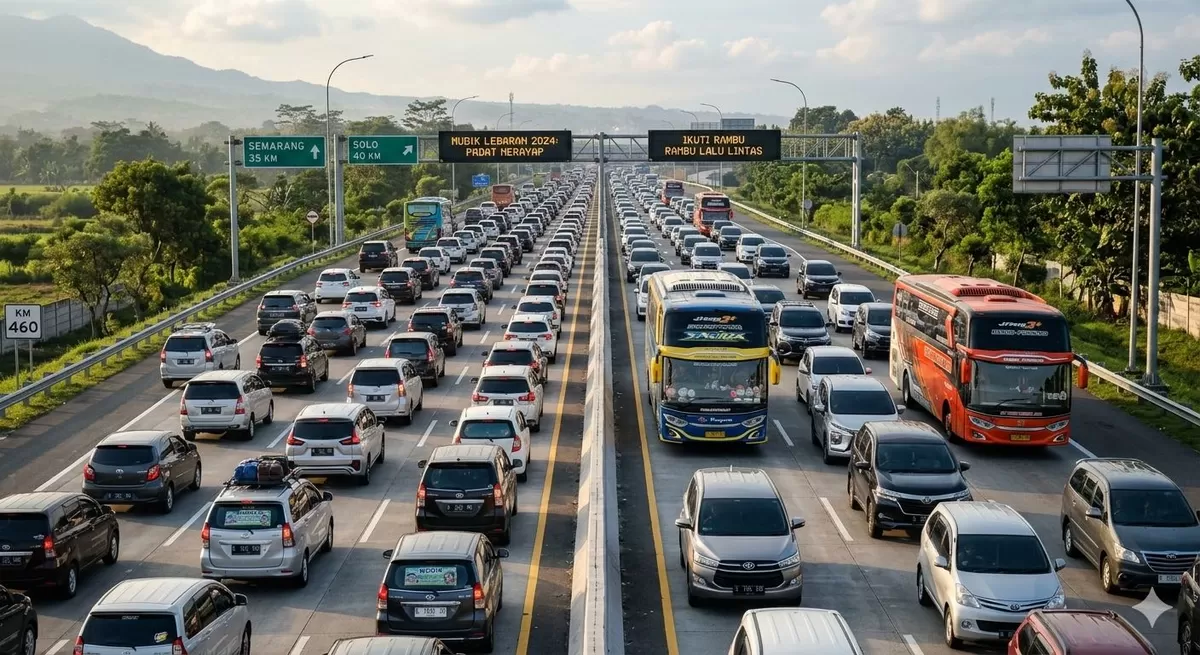 Ilustrasi suasana mudik lebarab di jalan tol. (Pejuangkantoran.com/Made with Google AI)