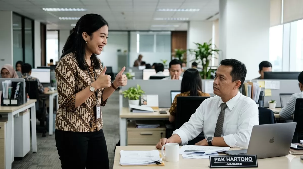 Salah satu kesalahan dalam managing up adalah selalu memuji atasan, terkesan menjilat. (Pejuangkantoran.com/Made with Google AI)