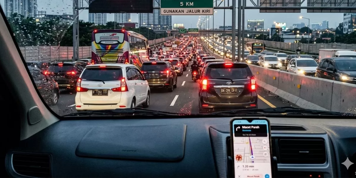 Ilsutrasi kemacetan di Tol Trans Jawa di Mudik Lebaran 2026 ini. (Pejuangkantoran.com/Made with Google AI)
