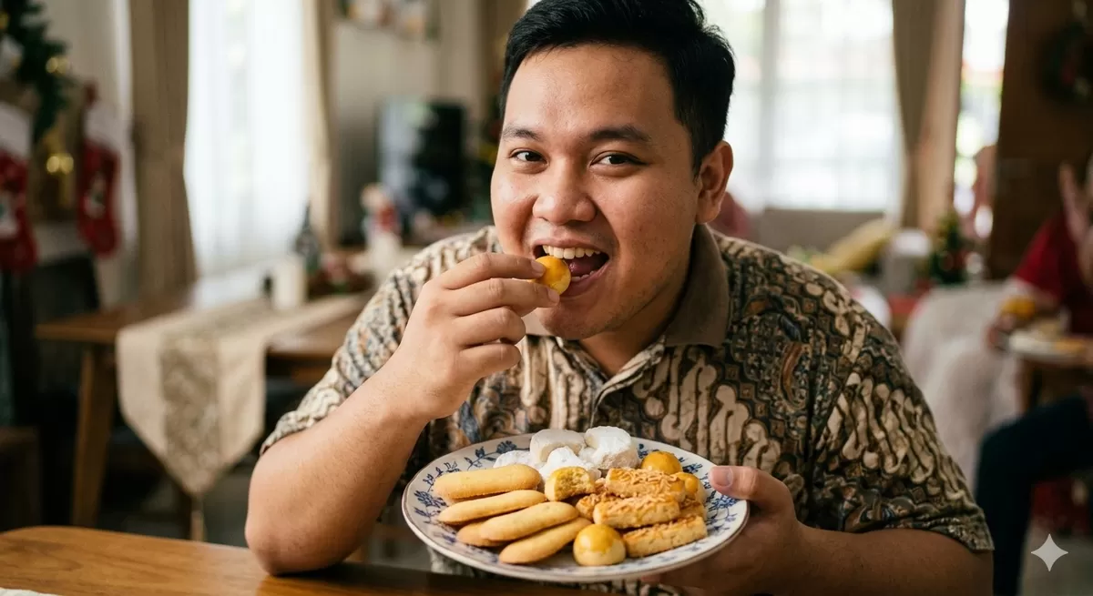Perkiraan kandungan nutrisi kue kering lebaran per butir dan strategi aman menyantapnya. (Pejuangkantoran.com/Made with Google AI)