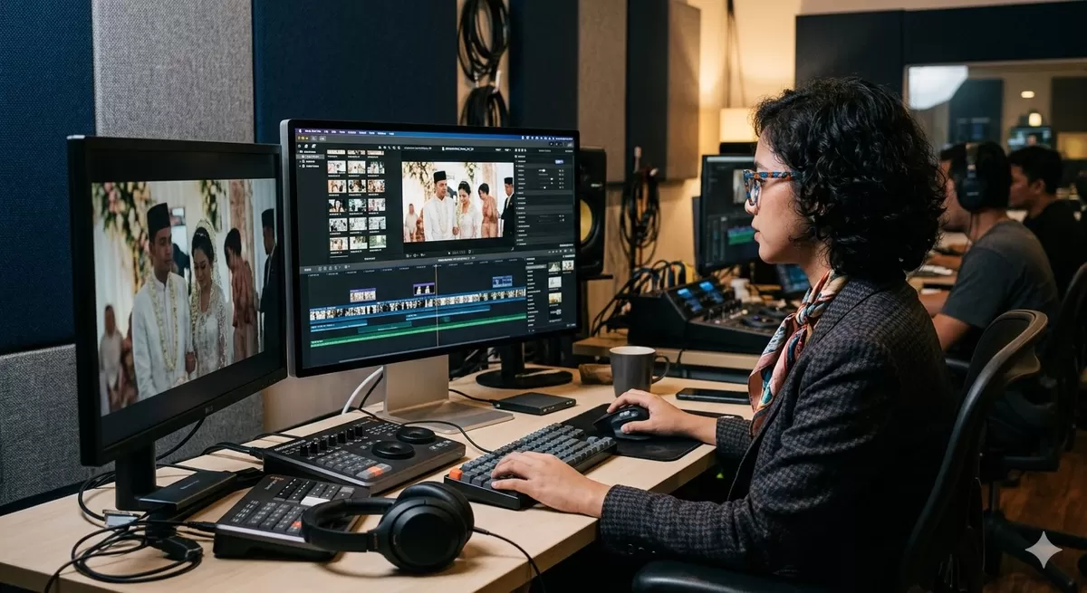 Iustrasi seorang editor video dengan gaji yang bervariasi antara entry level hingga expert, dan nasional  hingga global. (Pejuangkantoran.com/Made with Google AI)