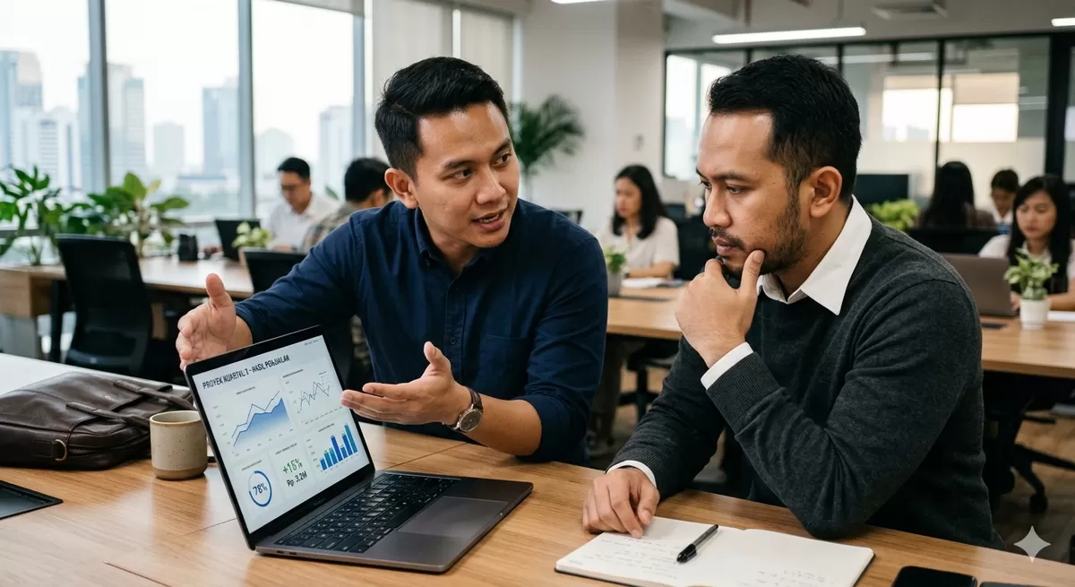 Gunakan pola-pola kalimat persuasif yang bisa memperkuat argumentasimu dalam bernegosiasi. (Pejuangkantoran.com/Made with Google AI)