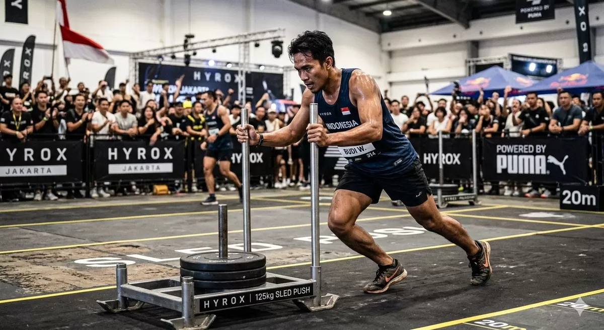 Ilustrasi kompetisi HYROX, olahraga yang mulai banyak dibicarakan di kalangan dan komunitas fitness dan lari. (Pejuangkantoran.com/Made with Google AI)