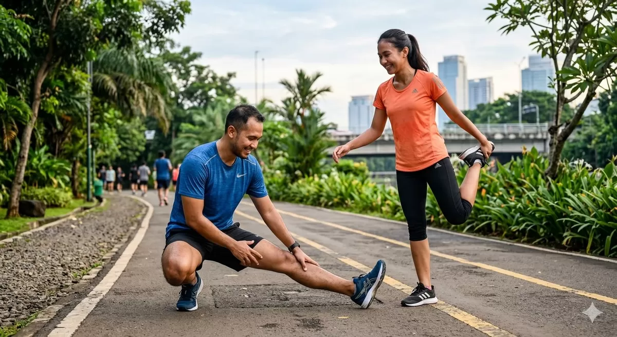 Melakukan pemanasan sebelum aktivitas olah raga yang intensif adalah salah satu cara mengurangi risiko DOMS. (Pejuangkantoran.com/Made with Google AI)