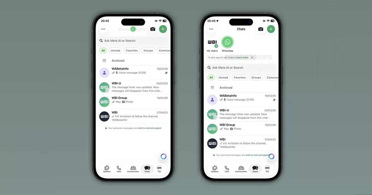 Status Whatsapp yang sebelumnya baru bisa dilihat setelah menggeser Updates, nantinya akan dipajang di bagian atas chat. (9 to 5 Mac/WABetaInfo)