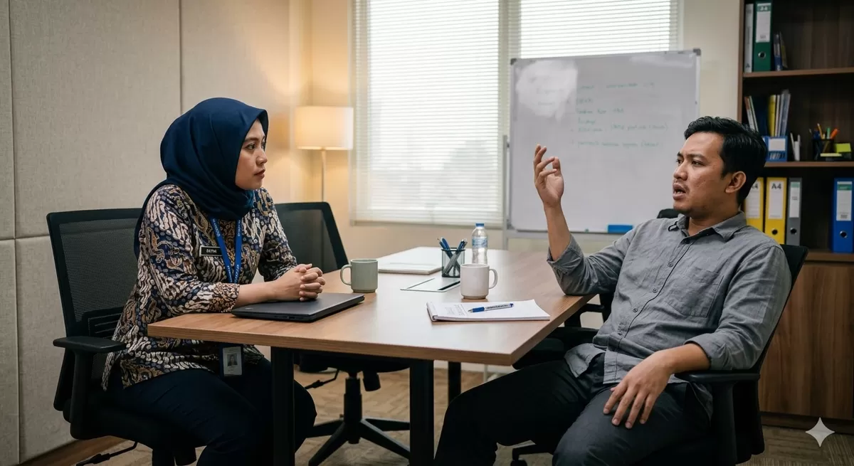 HR wajib berdisukusi dengan karyawan yang sudah menunjukkan early warning signal untuk terjadinya turnover. (Pejuangkantoran.com/Made with Google AI)