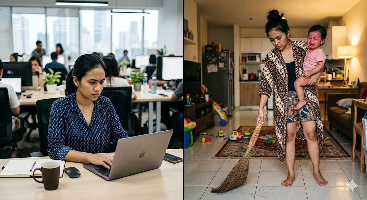 Double burden atau peran ganda sering memicu mid-career drop. Oleh karena itu harus ditangani secara bijak agar keudnya berjalan dengan baik. (Pejuangkantoran.com/Made with Google AI)