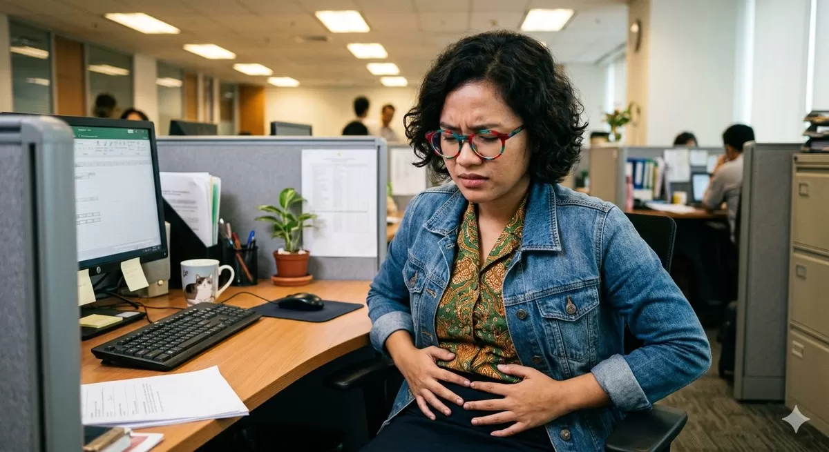 Irritable Bowle Syndrome erat sekali dengan pekerja kantoran modern. Waspadai gangguan pencernaan ini! (Pejuangkantoran.com/Made with Google AI)
