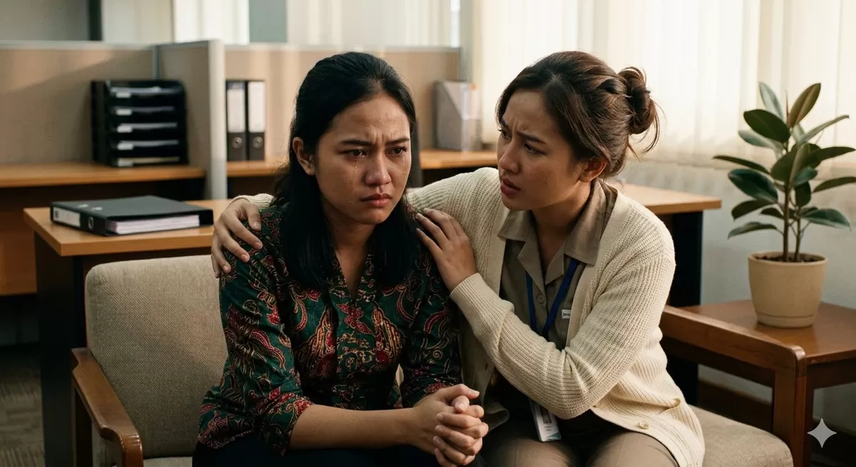 Cari dukungan rekan kerja yang bisa dipercaya atau petugas di kantor yang  ditunjuk ketika menghadapi &amp; merespon pelanggaran terhadap prinsip ruang aman bagi perempuan di kantor. (Pejuangkantoran.com/Made with Google AI)