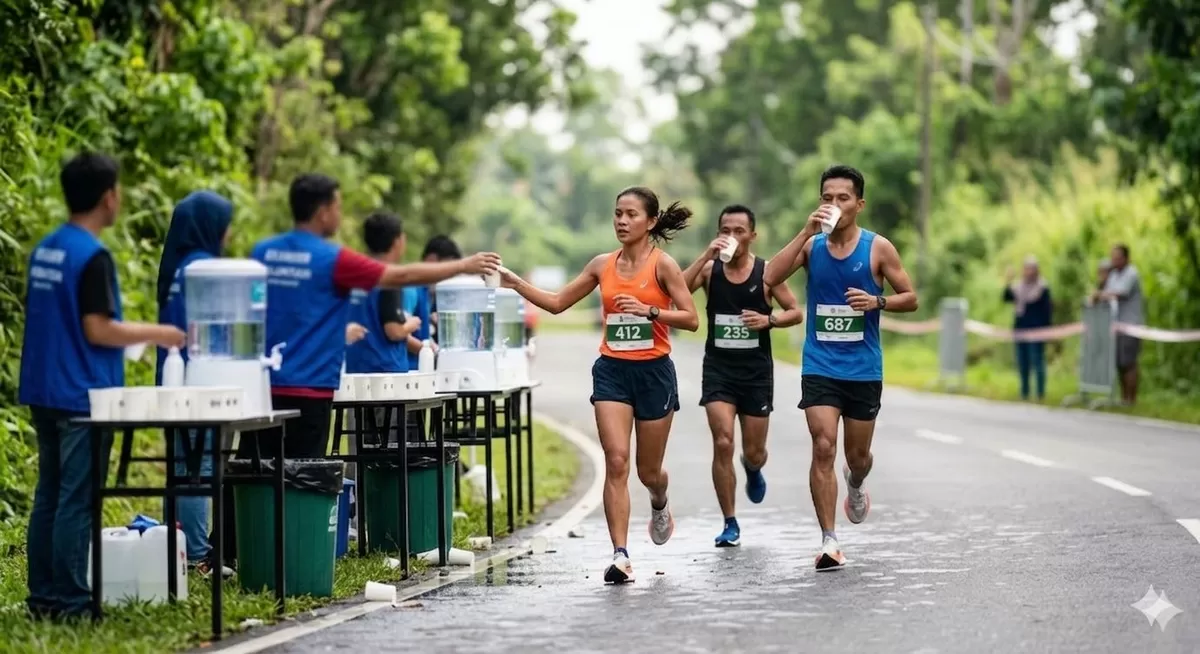 Hidrasi saat berlari itu penting bagi performa lari kamu. Perhatikan! (Pejuangkantoran.com/Made with Google AI)
