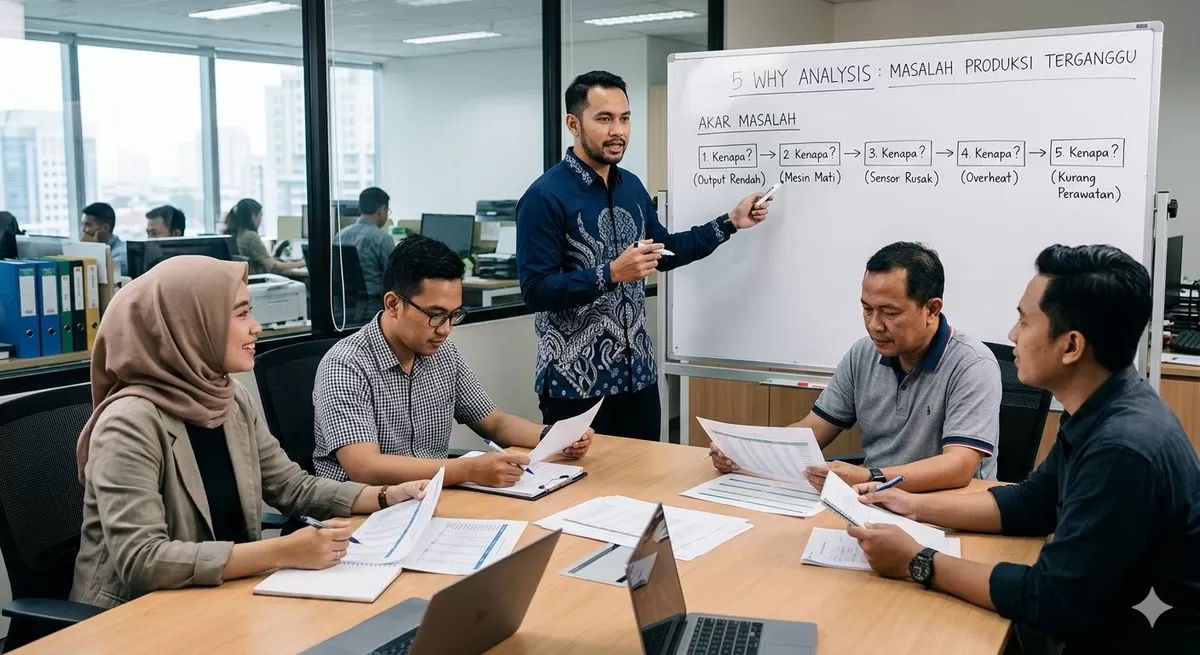 Untuk menemukan akar masalah, kamu bisa menggunakan 5 Why Analysis. (Pejuangkantoran.com/Made with Google AI)