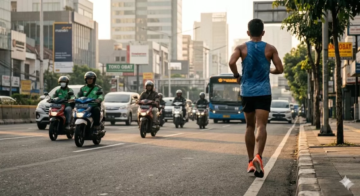 Berlari dengan melawan arah arus kendaraan di jalan raya ternyata lebih aman daripada sebaliknya. Ada syarat-syaratnya. (Pejuangkantoran.com/Made with Google AI)