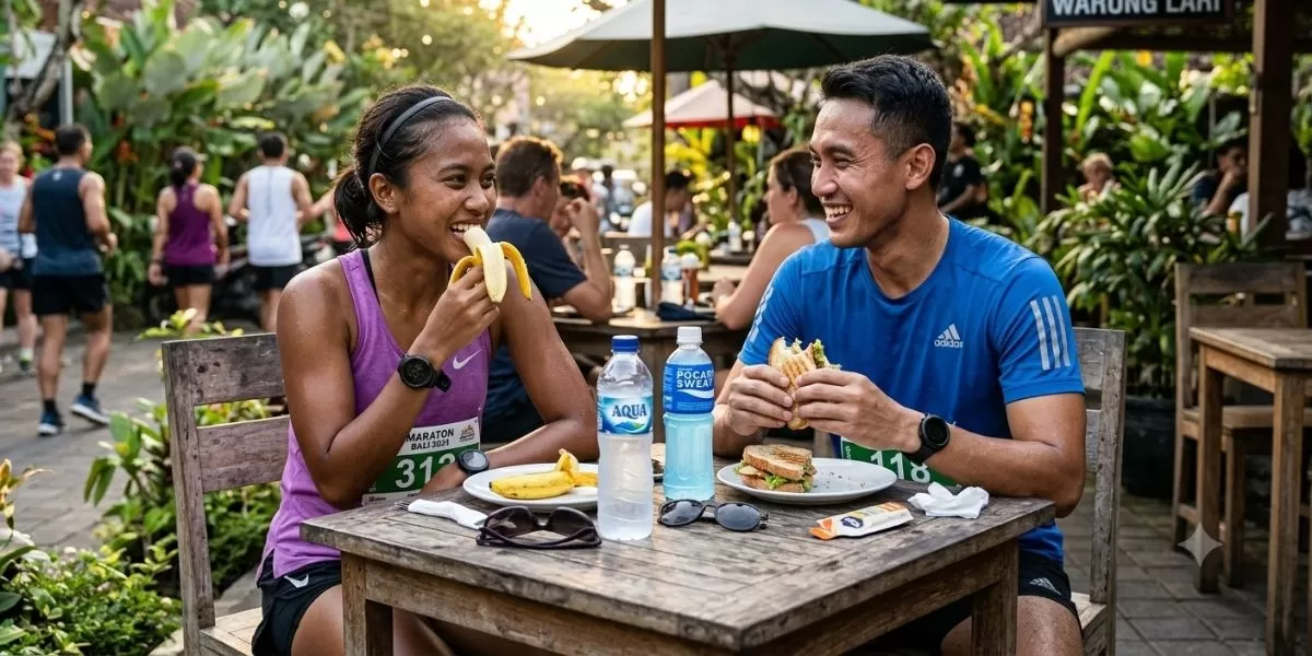Jangan remehkan asupan nutrisi pasca lari karena sangat penting untuk recovery. (Pejuangkantoran.com/Made with Google AI)