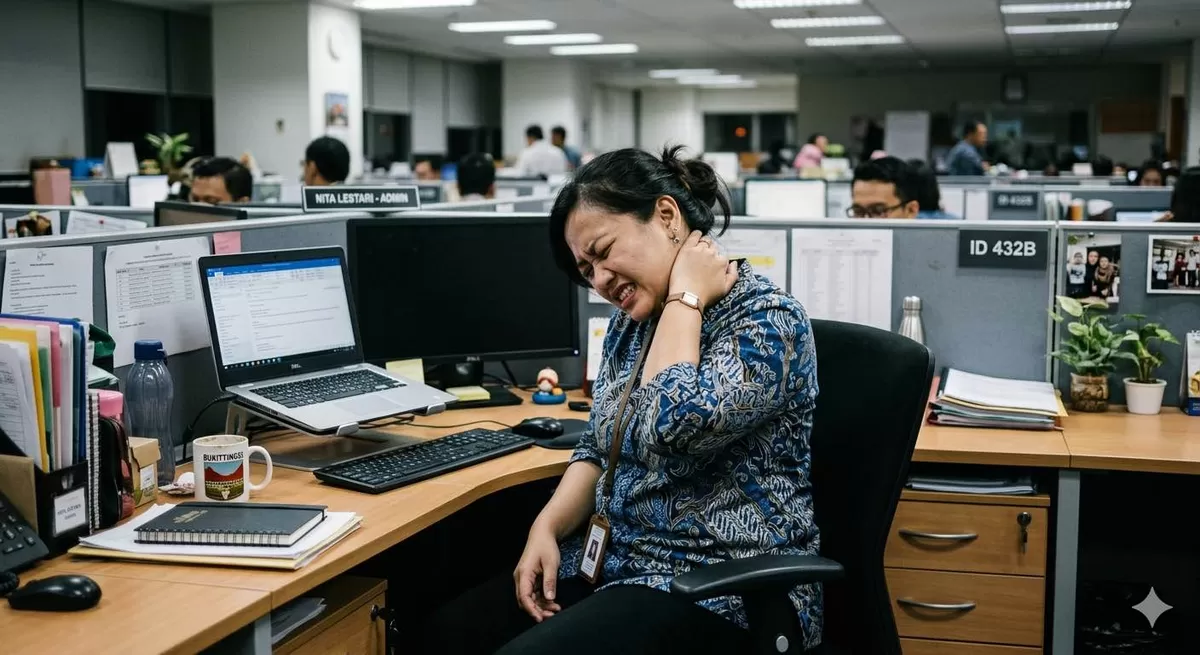 Hati-hati jika kamu sering alami pegal leher atau lower back pain. Itu gejala MSP yang sering dialami pekerja kantoran. (Pejuangkantoran.com/Made with Google AI)