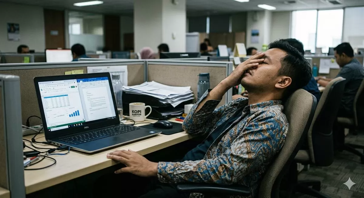 Screen fatigue sering menimpa pekerja kantoran modern, jangan diabaikan! (Pejuangkantoran.com/Made with Google AI)