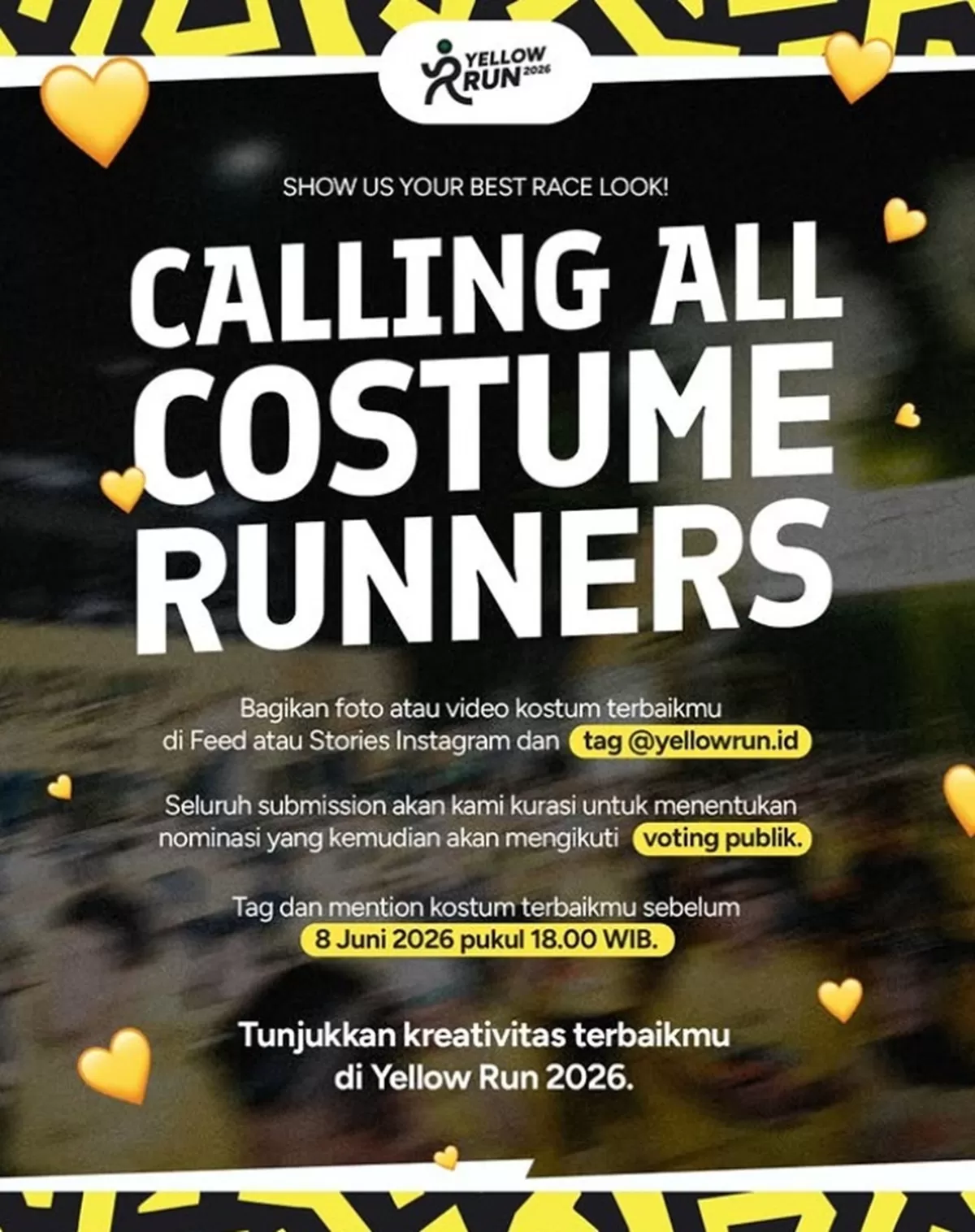 Polemik Best Costume di Yellow Run 2026, akhirnya terpecahkan ketika panitia akhirnya mengakomodir Best Costume, yang pada awalnya gagal diadakan. (Instagram Yellow Run)