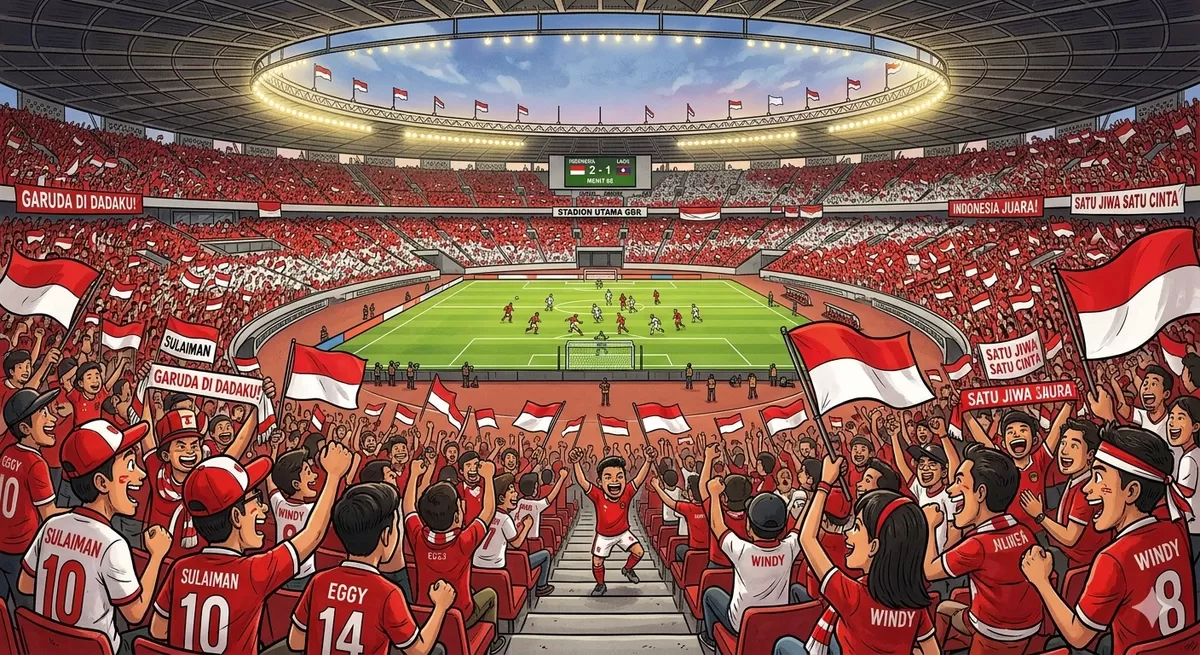Foto Ilustrasi yang Menggambarkan Kemegahan dan Magisnya Suasana Menonton Pertandingan Timnas Sepakbola Indonesia Secara Langsung (Google Gemini)