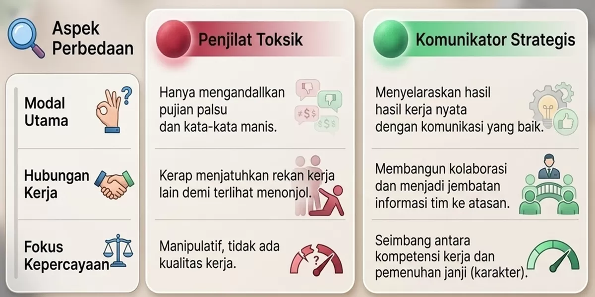 Tidak ada Salahnya Menjadi Penjilat. Berikut Tabel Perbandingan Bagaimana Menjadi Komunikator Strategis dan Menginggalkan Penjilat Toksik di Belakangmu! (Adhityaswara N. made By Google Gemini)