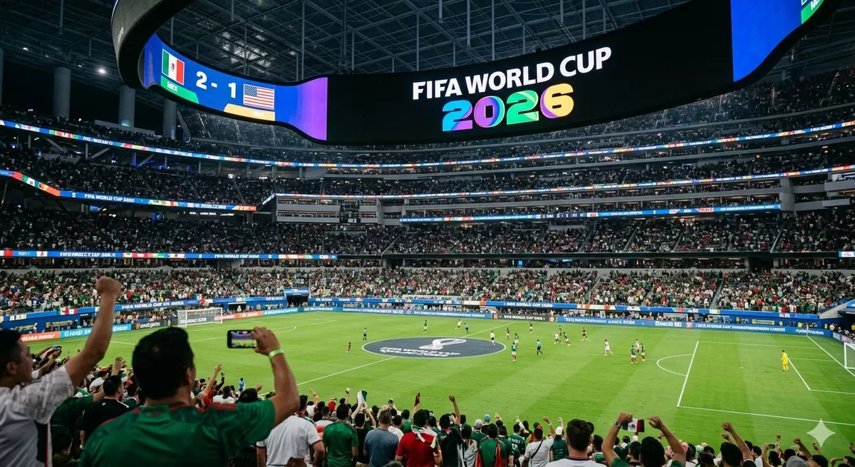 Ilustrasi Mengenai Kemeriahan FIFA World Cup 2026, dimana FIFA WOrld cup akan memberikan berbagai macam kecanggihan teknologi yang akan memanjakan kita menonton pertandingan (Pejuang Kantoran/Google Gemini)