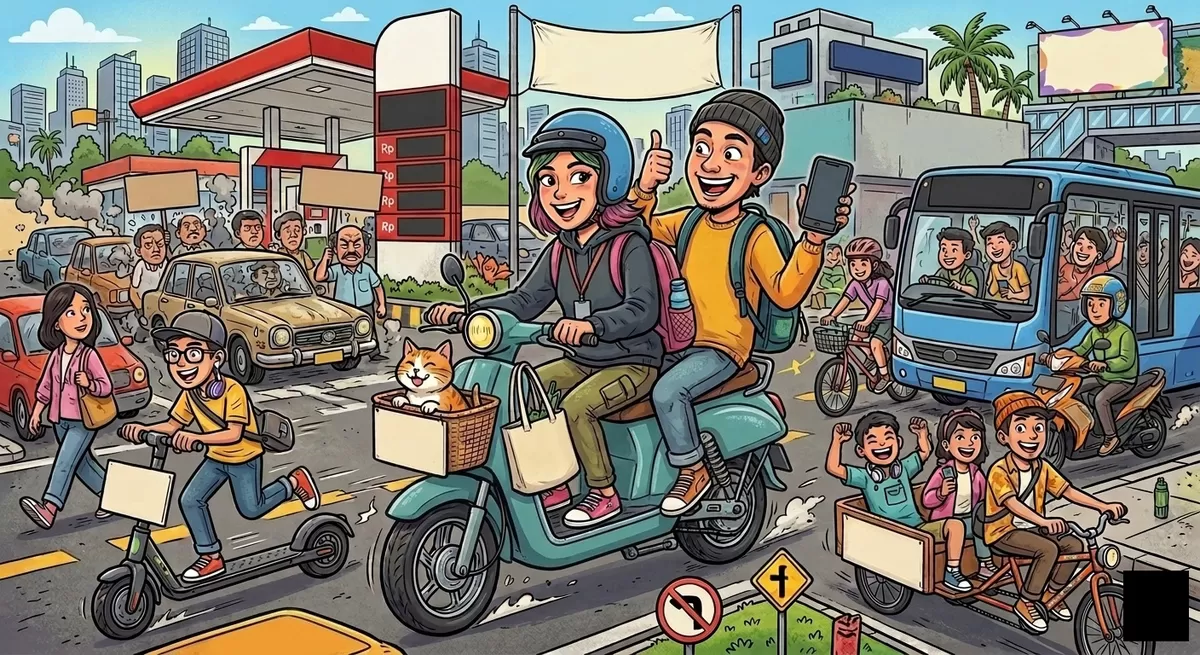 Gambar Ilustrasi yang Memperlihatkan Penghematan ala Gen-Z di tengah Kenaikan Harga BBM. Hemat tidak Berarti Mengurangi LIfestyle, hanya Mengubah Mindset  (Pejuang Kantoran made by Google Gemini)