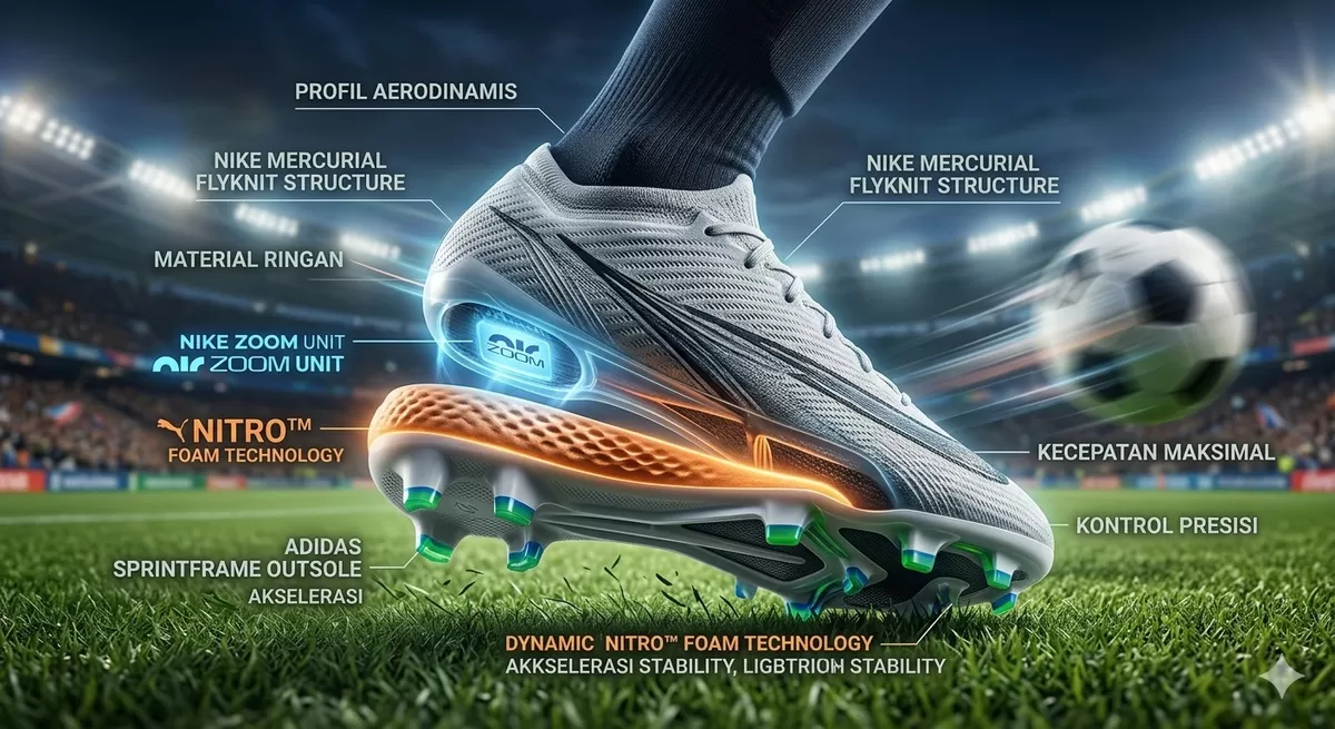 Foto ilustrasi yang memperlihatkan teknologi terbaru dalam sepatu bola, pameran teknologi itu diperlihatkan pada gelaran Piala Dunia FIFA 2026.  (Pejuang Kantoran/Google Gemini)
