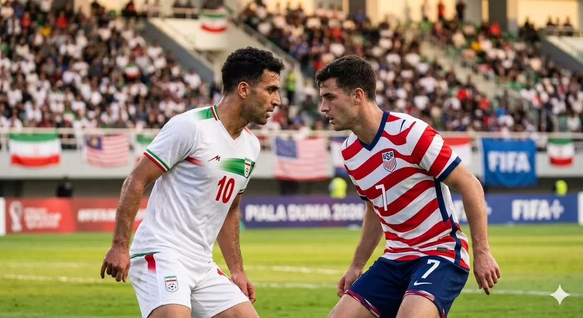 Ilustrasi penyelenggaraan Piala Dunia 2026 yang diwarnai isu politik antara Iran dengan Amerika Serikat. (Pejuangkantoran.com/Made with Google AI)