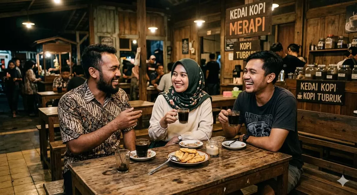 Ilsutrasi kedai kopi tradisional Indonesia. Sejumlah negara produsen kopi, punya sajian kopi khas masing-masing. (Pejuangkantoran.com/Made with Google AI)