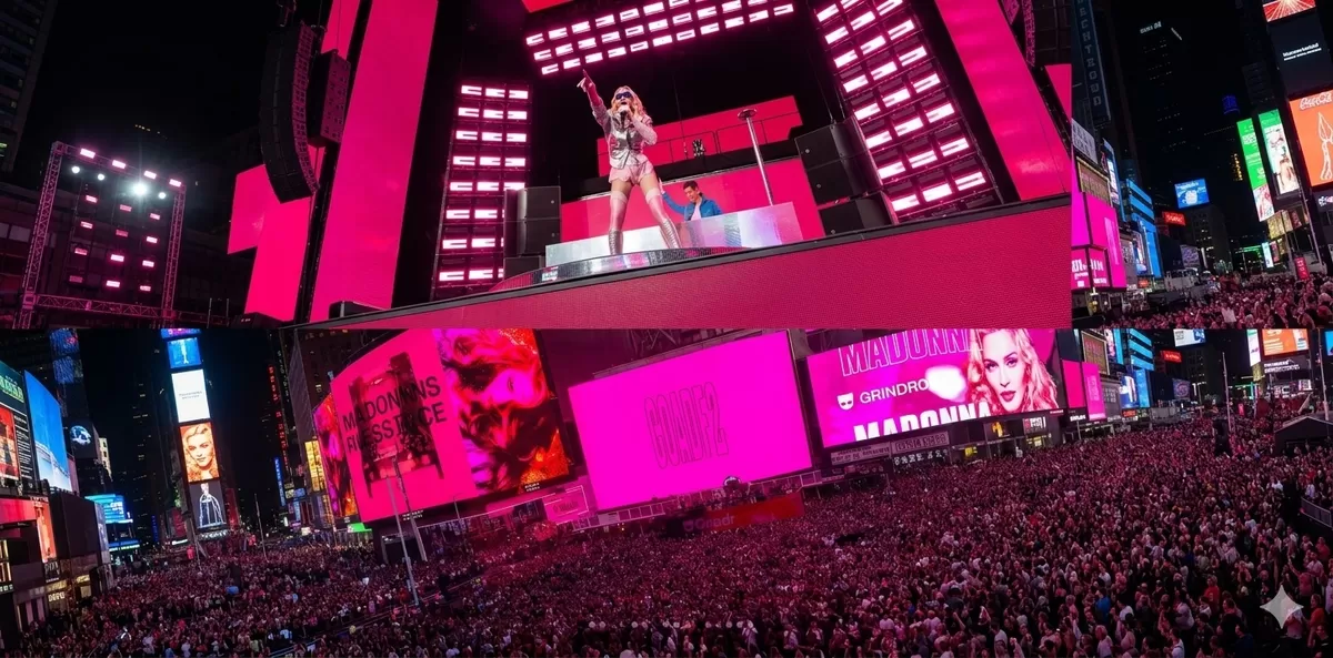 Madonna saat tampil di Time Square New York. Madonna dikabarkan akan menjadi salah satu penampil di halftime show final Piala Dunia FIFA 2026 nanti (Instagram Madonna/Google Gemini)
