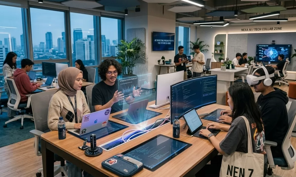 Foto ilustrasi yang memperlihatkan suasana kantor yang sudah adopsi AI. Saat ini tidak semua perusahaan sukses mengadopsi AI. Banyak yang hanya sekedar ikut-ikutan tren tanpa arah yang jelas.  (Pejuang Kantoran made by Google Gemini)