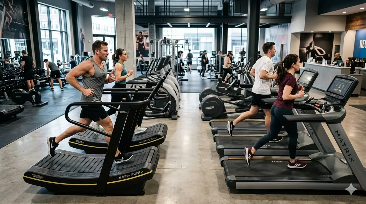 Foto ilustrasi yang memperlihatkan beberapa pelari sedang berlari di treadmill elektrik dan manual berbentuk lengkung. Sebenanya mana yang lebih efektif melatif kemampuan lari. Berlari di atas treadmill manual atau elektrik? (Pejuang Kantoran /Google Gemini)