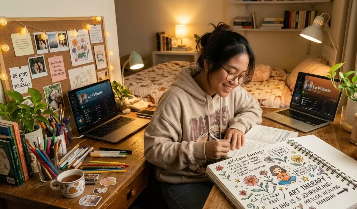 Art therapy (terapi seni) dan journaling (menulis buku harian) kini menjadi tren baru. Bukan sekadar pengisi waktu luang, kedua aktivitas ini merupakan metode psikologi populer yang keefektifannya terbukti secara ilmiah. (Pejuang Kantoran/Google Gemini)