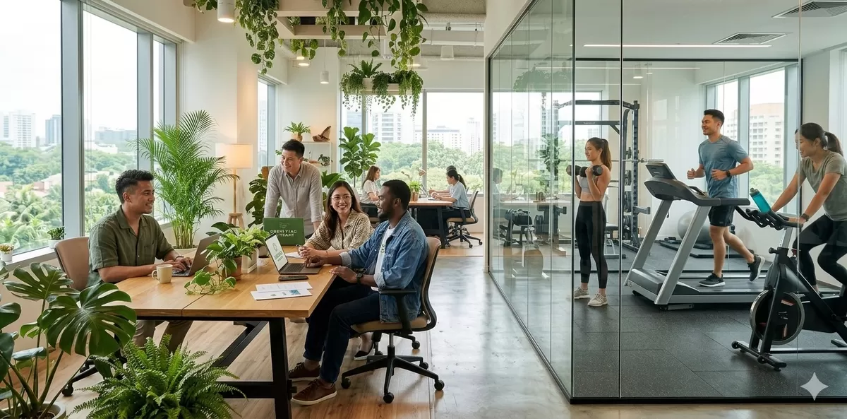 Foto ilustrasi Green Flag Company. Gren Flag Company adalah istilah untuk perusahaan yang menunjukkan tanda-tanda lingkungan kerja sehat, suportif, dan peduli pada kesejahteraan karyawannya. Seperti memberikan fasilitas gym di dalam kantor.  (Pejuang Kantoran/Google Gemini)