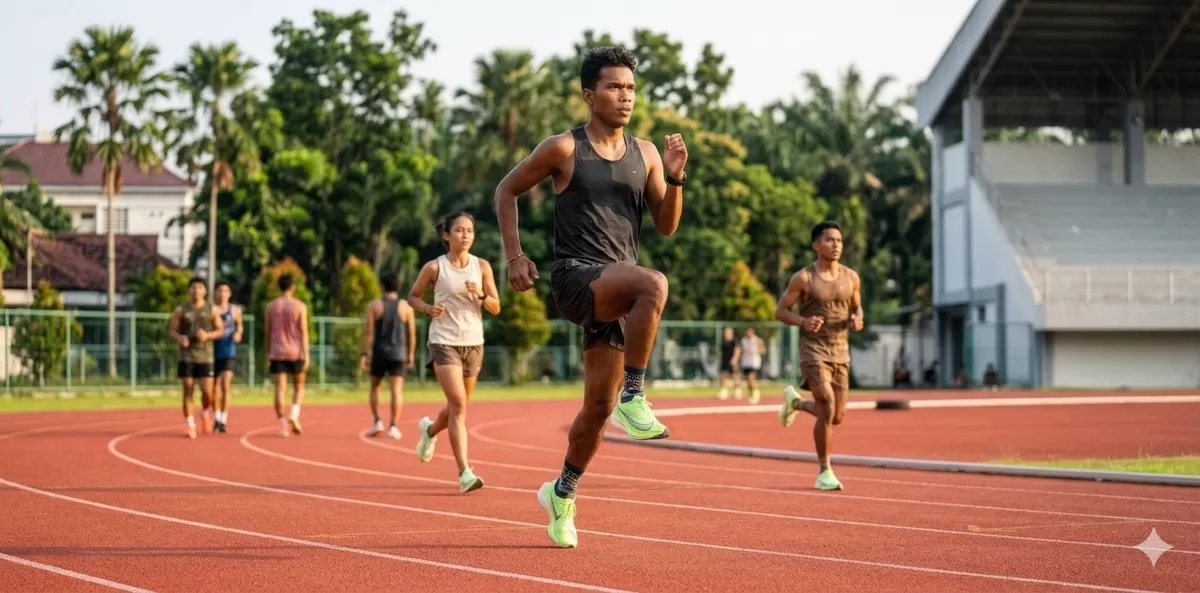 Running drill menjadi salah satu bagian penting dari berlari. Selain membantu tidak mudah cedera, gerakan ini juga bisaa dijadikan gerakan pemanasan selain static movement. (Pejuang Kantoran/Google Gemini)