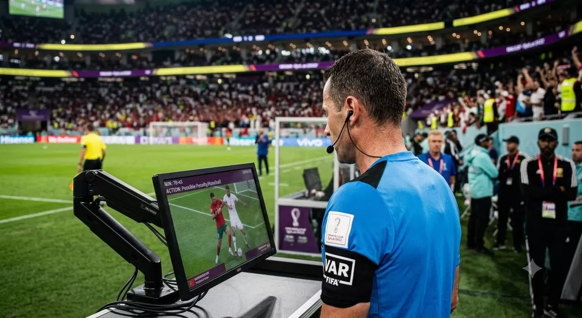 Ilustrasi ketika bagaimana Video Assistant Referee (VAR) menjadi sangat penting dalam sebuah pertandingan profesional.  (Pejuangkantoran.com/Made with Google AI)